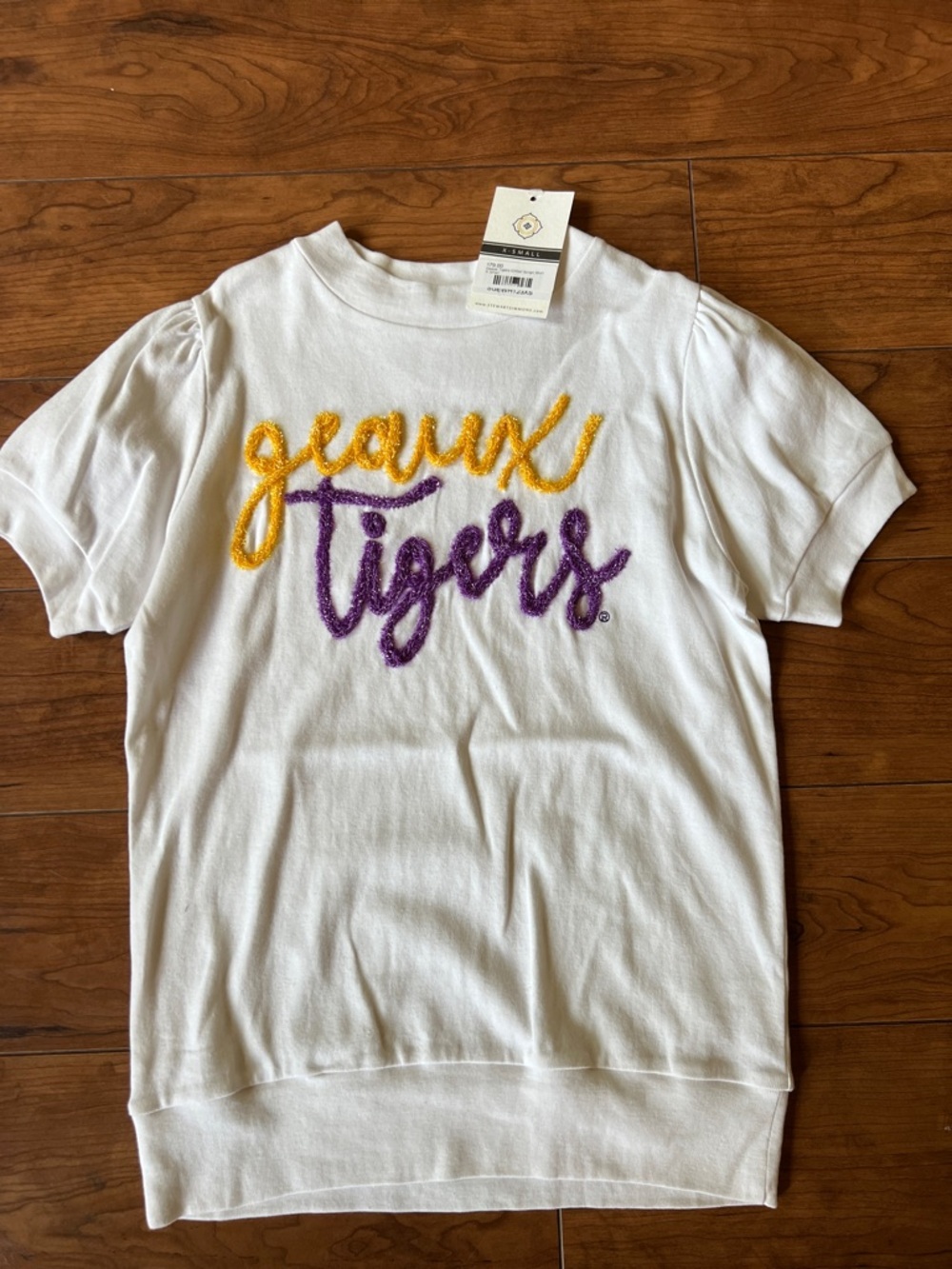 White Short Sleeve 'Geaux Tigers' Pullover Tee with Purple & Gold Script